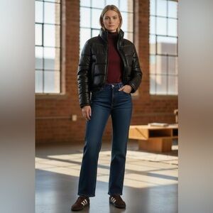 NWT LTH Cay Black Funnel Neck Quilted Leather Puffer Jacket Size M